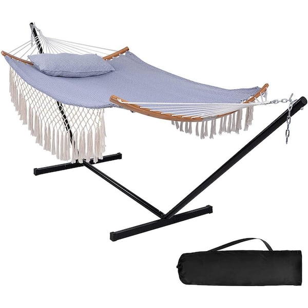 Atesun 12 ft. Portable Hammock with Stand Included, Double Fabric Hammock with Curved Spreader Bar& Decorative Tassels, Square