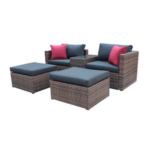 5-Piece Brown Wicker Outdoor Sectional Conversation Sofa Set with Black Cushions Red Pillows for Patio Balcony Porch