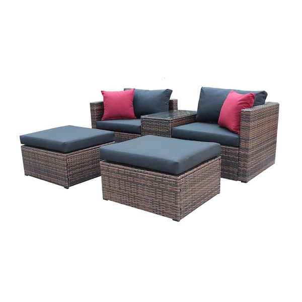 Zeus & Ruta 5-Piece Brown Wicker Outdoor Sectional Conversation Sofa Set with Black Cushions Red Pillows for Patio Balcony Porch
