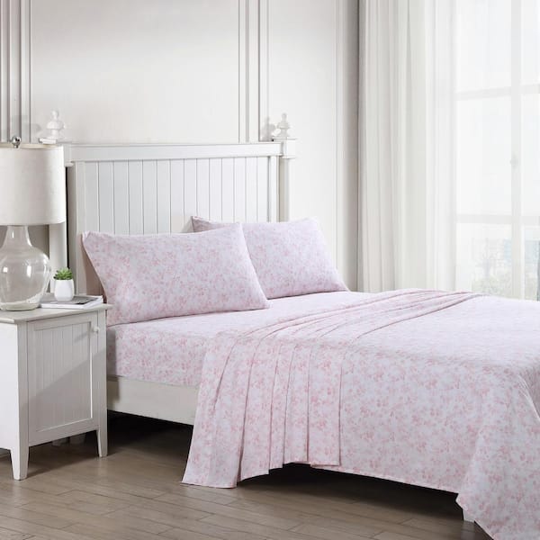Laura Ashley Bella 4-Piece Pink Cotton Queen Sheet Set