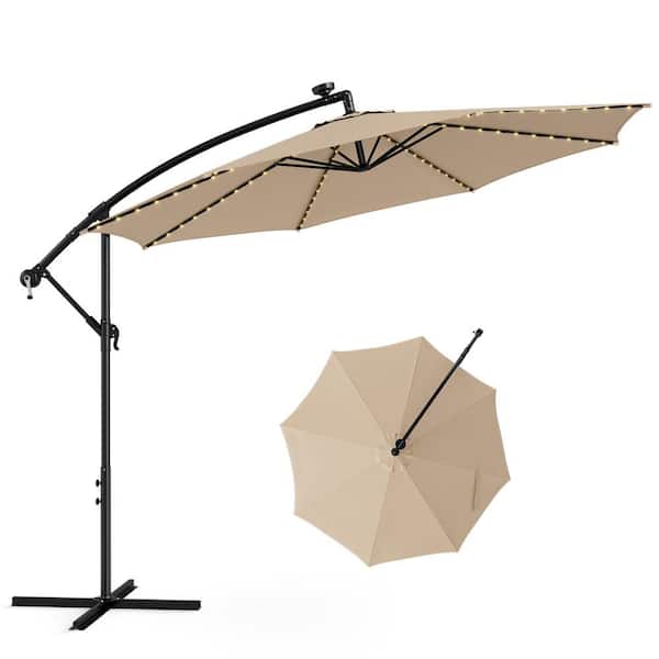 HONEY JOY 10 ft. Solar Tilted Cantilever Hanging Patio Umbrella with LED Lights Sun Shade Offset Umbrella in Beige