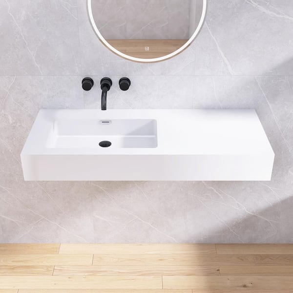 47 in. White Solid Surface Wall-Mounted Bathroom Vessel Sink