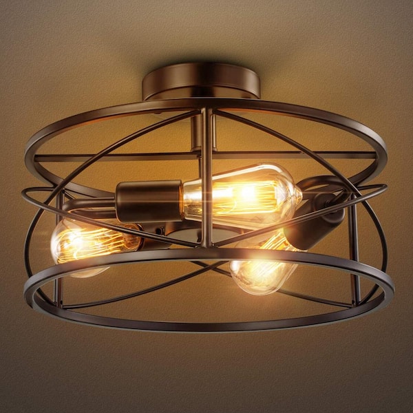 3-Light Matte Black Farmhouse Semi-Flush Mount Ceiling Light, Retro Industrial Drum Cage Light for Foyer, Living Room