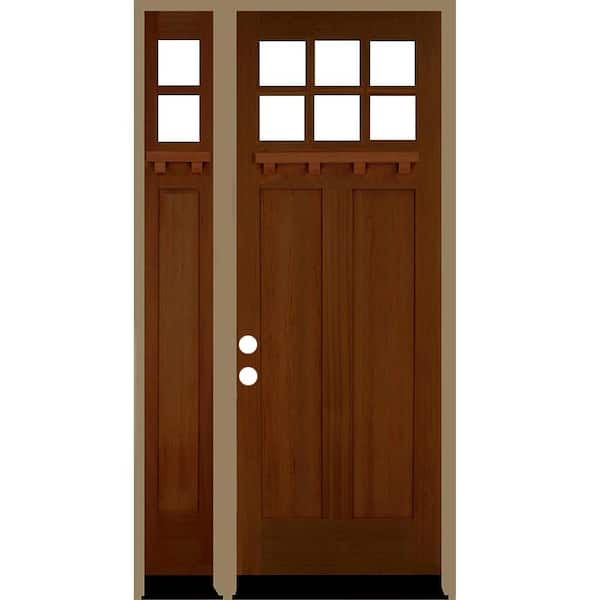 Krosswood Doors 50 in. x 96 in. Craftsman Right Hand 6-Lite Red Chestnut Stain Hemlock Prehung Front Door Left Sidelite