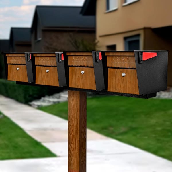 Mail Boss Mail Manager X4 Locking Mailbox Combo Kit with In-Ground Post, Wood Grain & Black, 4 Compartment High Security Cluster