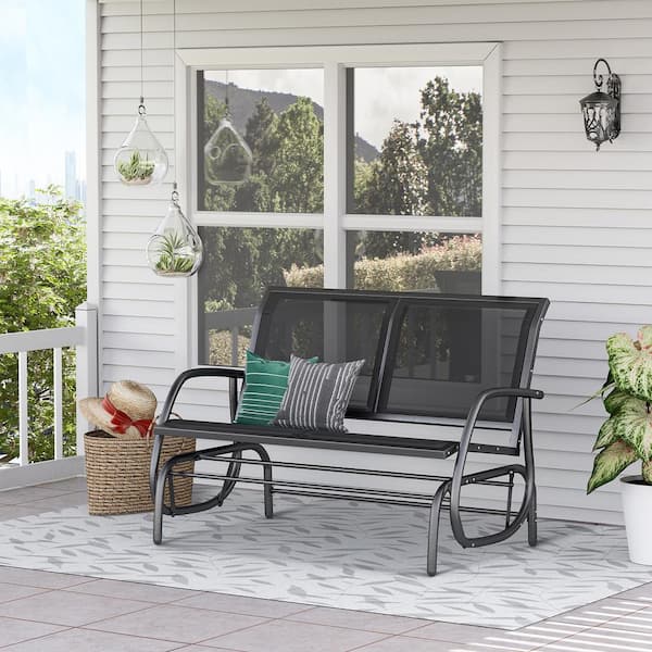 2 Person Black Metal Powder Coated Steel Outdoor Glider Bench Patio Double Swing Rocking Chair Loveseat for Backyard