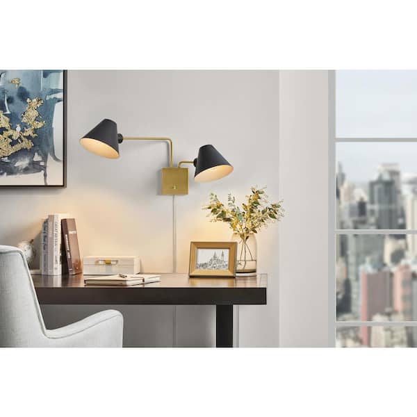 Hitching 33.375 in. 2-Light Aged Brass, Matte Black Accent Wall Sconce