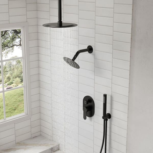 3-Spray Patterns Round Fixed Shower Head 10 and 6 in. with 2.5 GPM Ceiling Mount Dual Shower Heads in Matte Black