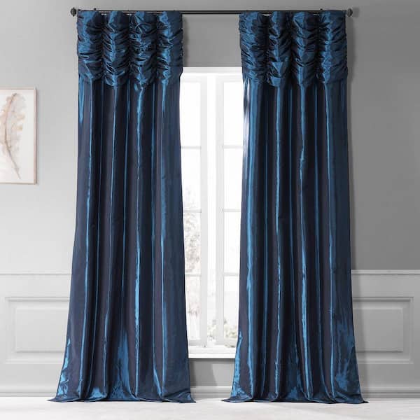 Navy Blue Ruched Solid Faux Silk Taffeta 50 in. W x 96 in. L Rod Pocket Room Darkening Curtain (Single Panel)