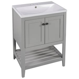 24 in. W Modern Elegant Freestanding Bathroom Vanity with 1 White Ceramic Sink, Doors and Shelves in Grey