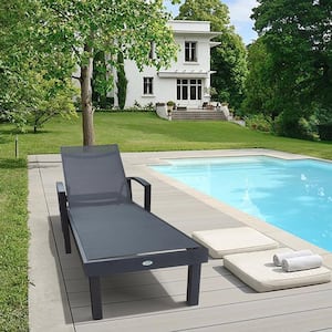 Black Aluminum Outdoor Chaise Lounge with Grey Seat, Pool Beach Lounge Chair, Patio Beach Adjustable Reclining Chair