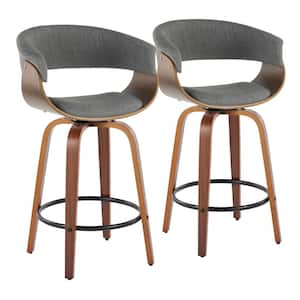 Vintage Mod 25.25 in. Light Grey Fabric, Walnut Wood & Black Metal Fixed-Height Counter Stool Round Footrest (Set of 2)