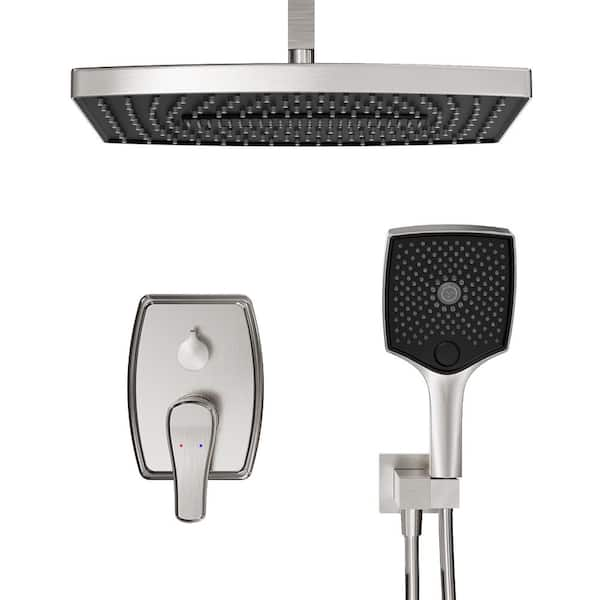 1 Handle 2-Spray 14 in. Rectangle Rain Shower Faucet and Hand Shower Kit in Brushed Nickel