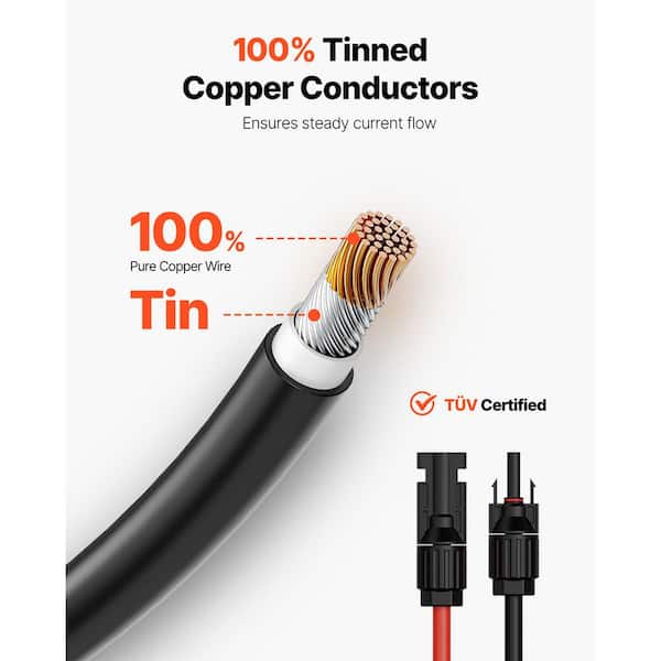 50 ft. Solar Panel Extension Cable, 10AWG PV Wire w/ Connectors, 6 sq. mm for Home, Ship, RV Solar Panels, Black and Red
