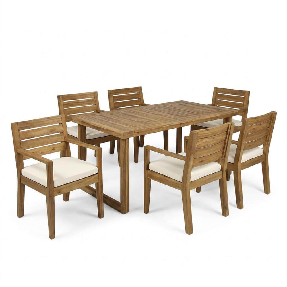 7-Piece Rectangle Natural Solid Wood Top Outdoor Dining Table Set with Beige Cushion Seats 6 price history on PriceWatchPro