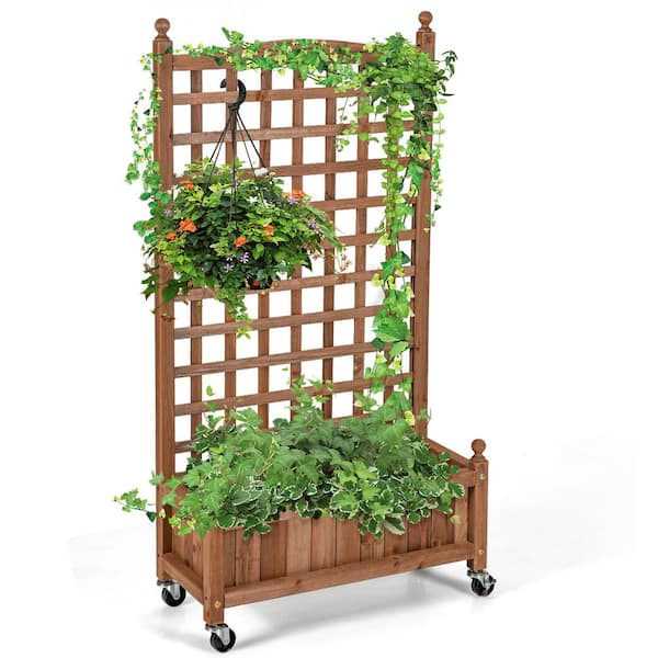 Costway 50 in. Wood Planter Box with Trellis Mobile Raised Bed for Climbing Plant