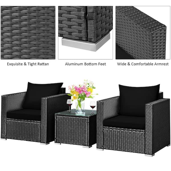 Costway 3 Piece Metal Plastic Wicker Patio Conversation Set With Black Cushions Hw66529bk The Home Depot Costway 3 Piece Metal Plastic Wicker, Plastic Feet For Outdoor Furniture Home Depot