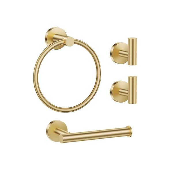 4-Piece Bathroom Hardware Accessories Set with Towel Ring Toilet Paper Holder 2 Hooks in Brushed Gold