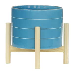 8 in. Ceramic Striped Planter With Wood Stand, Skyblue