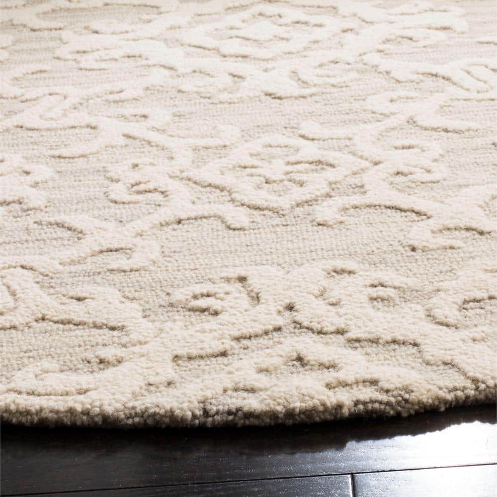 Gray Floral Handmade Wool Round Area Rug