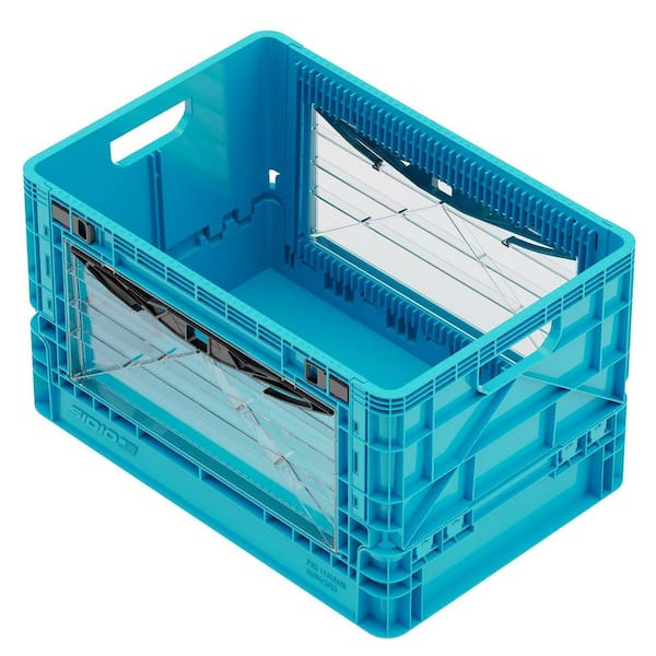 Full-Size Collapsible Crate 24-QT 200-LB Stacking Capacity Durable Stackable Storage Bin wth Lid and Dividers Blue