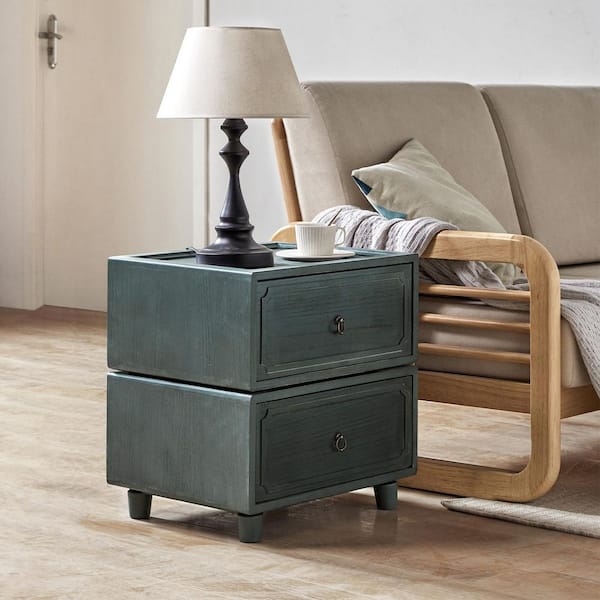 Geraint Blue Transitional 2-Drawer Nightstand with Paulownia Wood Tracks