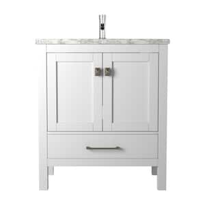 London 30 in. W x 18 in. D x 34 in. H Bathroom Vanity in White with White Carrara Marble Top with White Sink