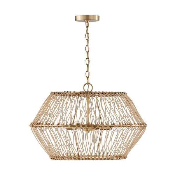 Wren 24.25 in. W x 15.25 in. H 4-Light Pendant in Matte Brass with Natural Rattan