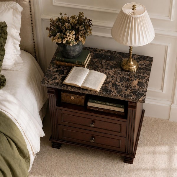 Walnut 2-Drawer MDF Wood Nightstand with Charging Station, Marble Grain Paper Large Mid End Table