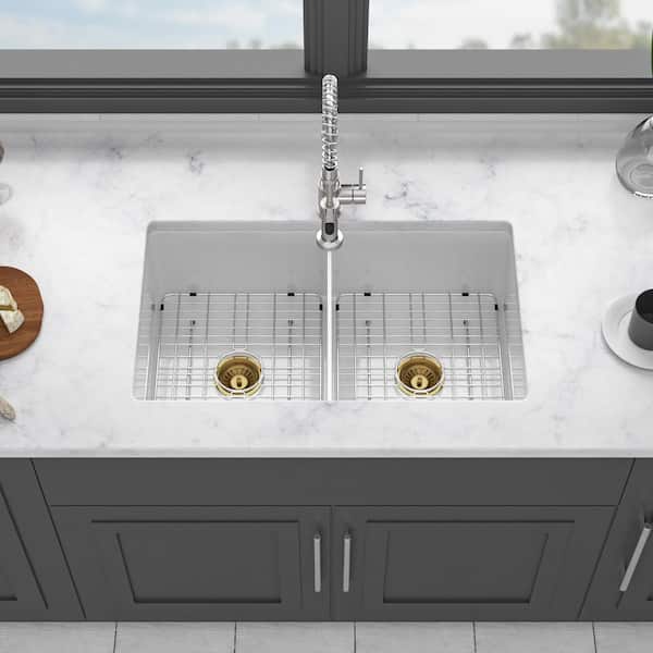 32 in. Undermount Double Bowl (50/50) White Fireclay Kitchen Sink with Bottom Grids