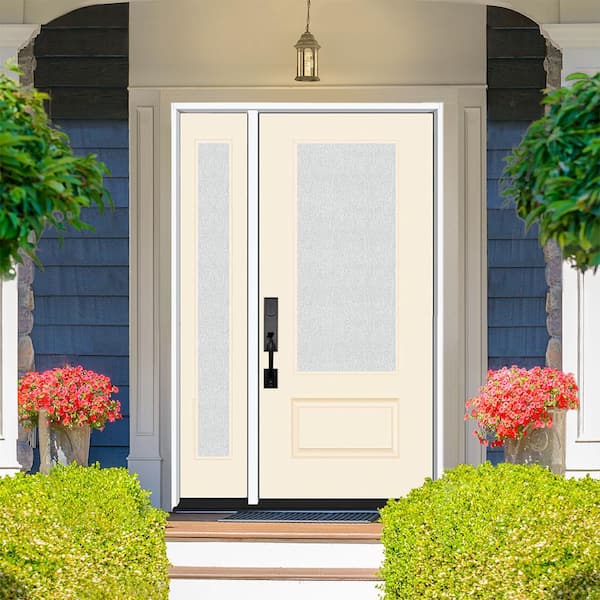 Legacy 51 in. x 80 in. 3/4 Lite Rain Glass RHIS Linen Finish Fiberglass Prehung Front Door with 12 in. SL