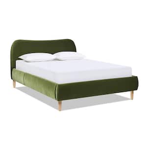 Roman 67 in. Wood Frame Queen Modern Platform Bed with Curved Headboard Upholstered Performance Velvet in Olive Green