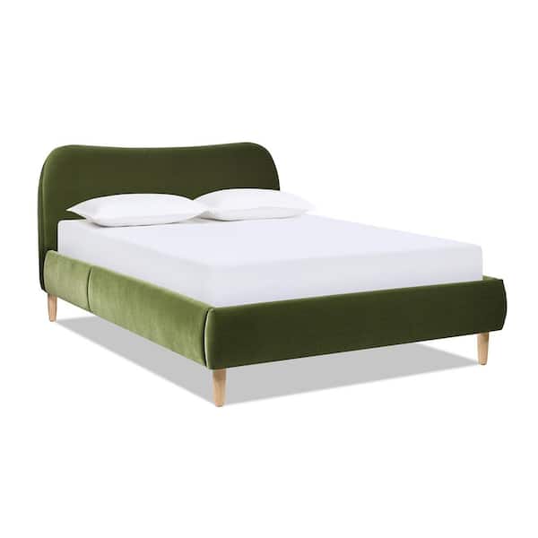 Jennifer Taylor Roman 67 in. Wood Frame Queen Modern Platform Bed with Curved Headboard Upholstered Performance Velvet in Olive Green