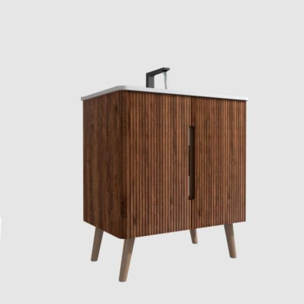 Etna 30.00 in. W x 18.30 in. D x 25.60 in. H Freestanding Bath Vanity in Walnut with White Top