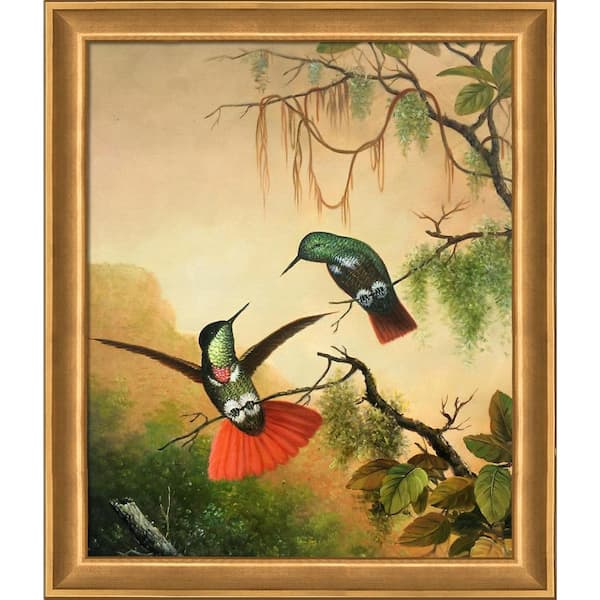LA PASTICHE 2-Hooded Visor bearer Hummingbirds by Martin Johnson Heade Muted Gold Glow Framed Abstract Art Print 24 in. x 28 in.
