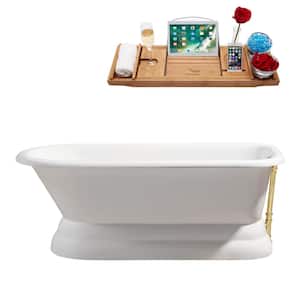 66 in. Cast Iron Flatbottom Non-Whirlpool Bathtub in Glossy White with Polished Gold External Drain and Tray