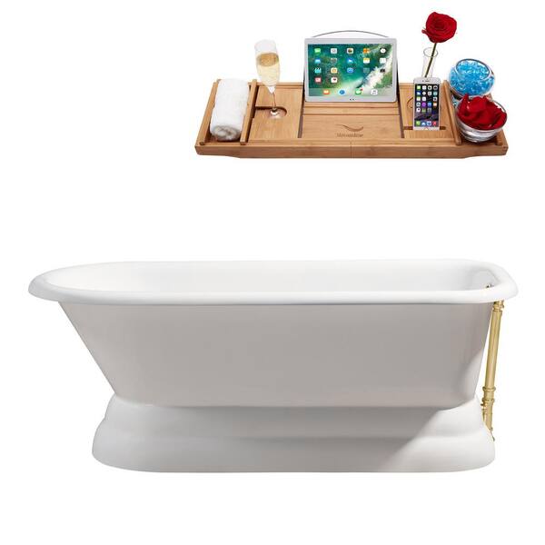Streamline 66 in. Cast Iron Flatbottom Non-Whirlpool Bathtub in Glossy White with Polished Gold External Drain and Tray