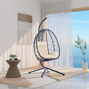 1-Person Black Wicker Outdoor Patio Porch Swing Hanging Egg Chair with Beige Cushions and Steel Stand