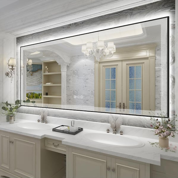 Apmir 77 in. W x 36 in. H Rectangular Framed Checkerboard LED Lighted Anti-Fog Tempered Glass Wall Bathroom Vanity Mirror