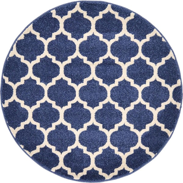 Unique Loom Trellis Philadelphia Navy Blue/Beige 3' 3 x 3' 3 Round Rug