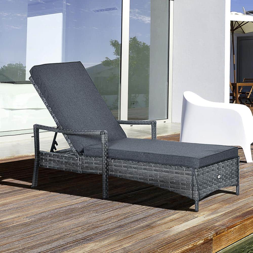 Dark Gray Wicker Chaise Lounge with Cushions and Adjustable Backrest