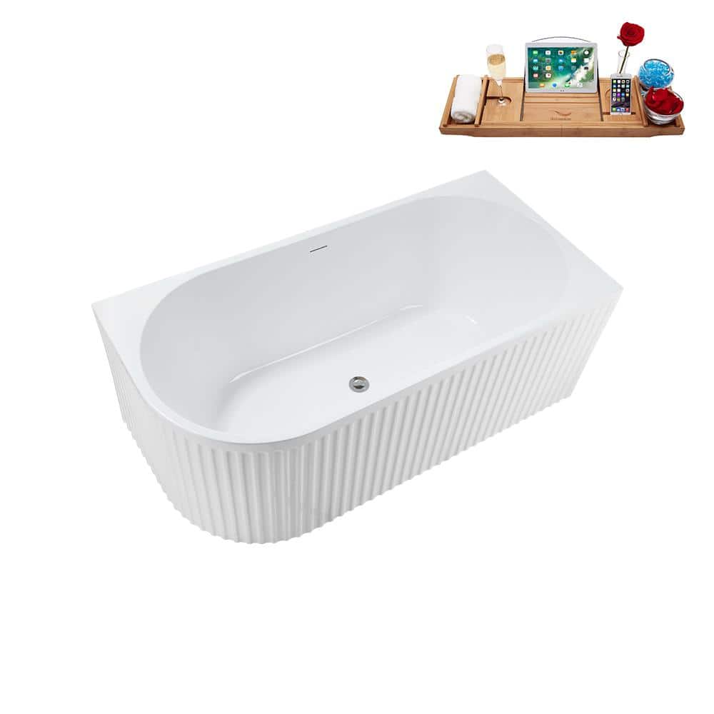 59'' Glossy White Freestanding Acrylic Soaking Bathtub with Chrome Drain