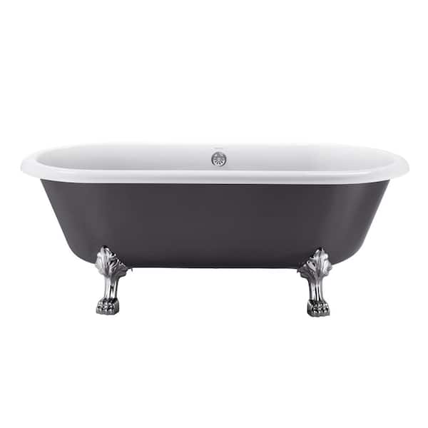 VANITYFUS 66.3 in. Acrylic Freestanding Clawfoot Soaking Bathtub in Grey with Brass Drain and Overflow