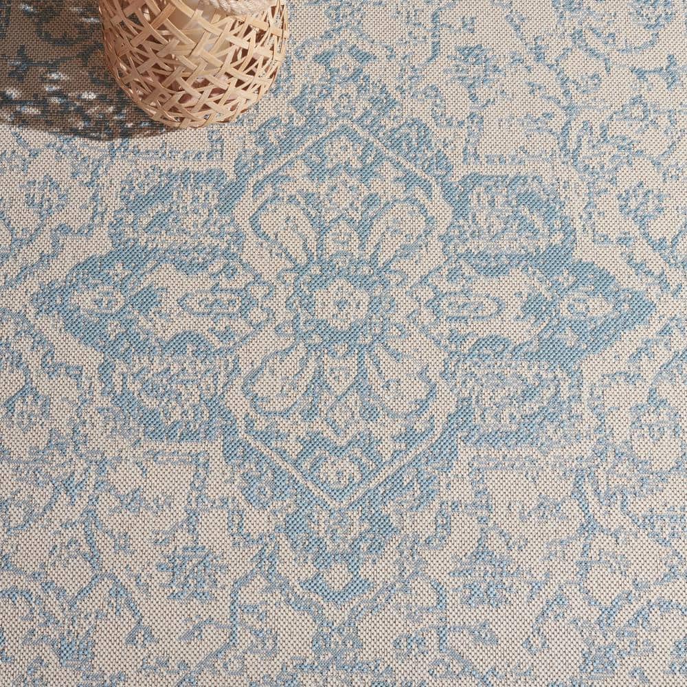 Cream and Aqua Medallion Synthetic Indoor/Outdoor Rug, 3' x 5'