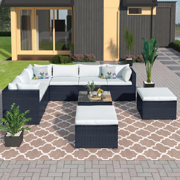 SUNRINX 9-Piece Wicker Patio Conversation Set with Beige Cushions