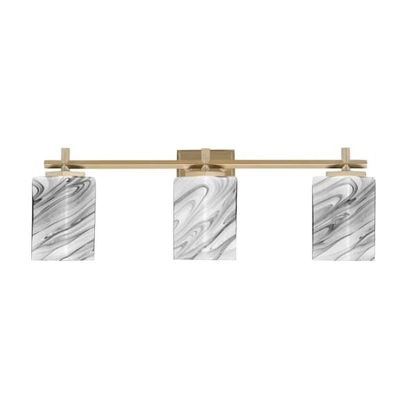 Unbranded Bridgewater 24.5 in. 3 Light Vanity Light New Age Brass 3.5 in. Square Onyx Swirl Glass Shades, No Bulbs Included