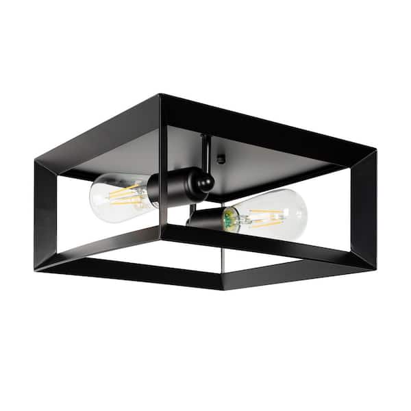11 in. Industrial Square 2-Light Black Ceiling Light Flush Mount for hallway, entryway and foyer No Bulbs Included