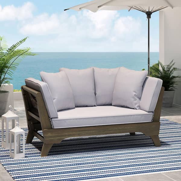 Unbranded Wood Outdoor Day Bed with Gray Cushions