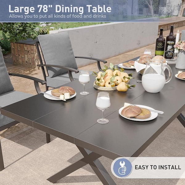 9-Piece Metal Patio Outdoor Dining Set with 2 Swivel Chairs, 6 Chairs, Large Table, Umbrella Hole and Grey Cushions
