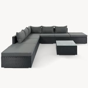 8-Piece Black Wicker Outdoor Patio Furniture Sectional Sofa Set with Dark Gray Cushions